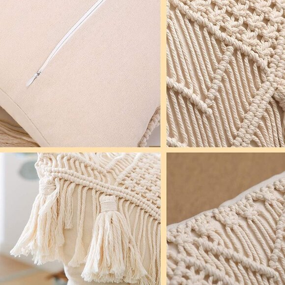 Tassel Macrame Throw Pillow Boho Indie Case Cushion Cover for Bed/Sofa/Patio - Picture 5 of 7
